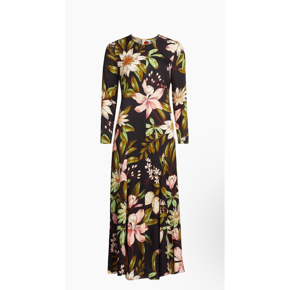 Farm Rio Women Black Tropical Floral Long Sleeve Maxi Dress XS New With Tags